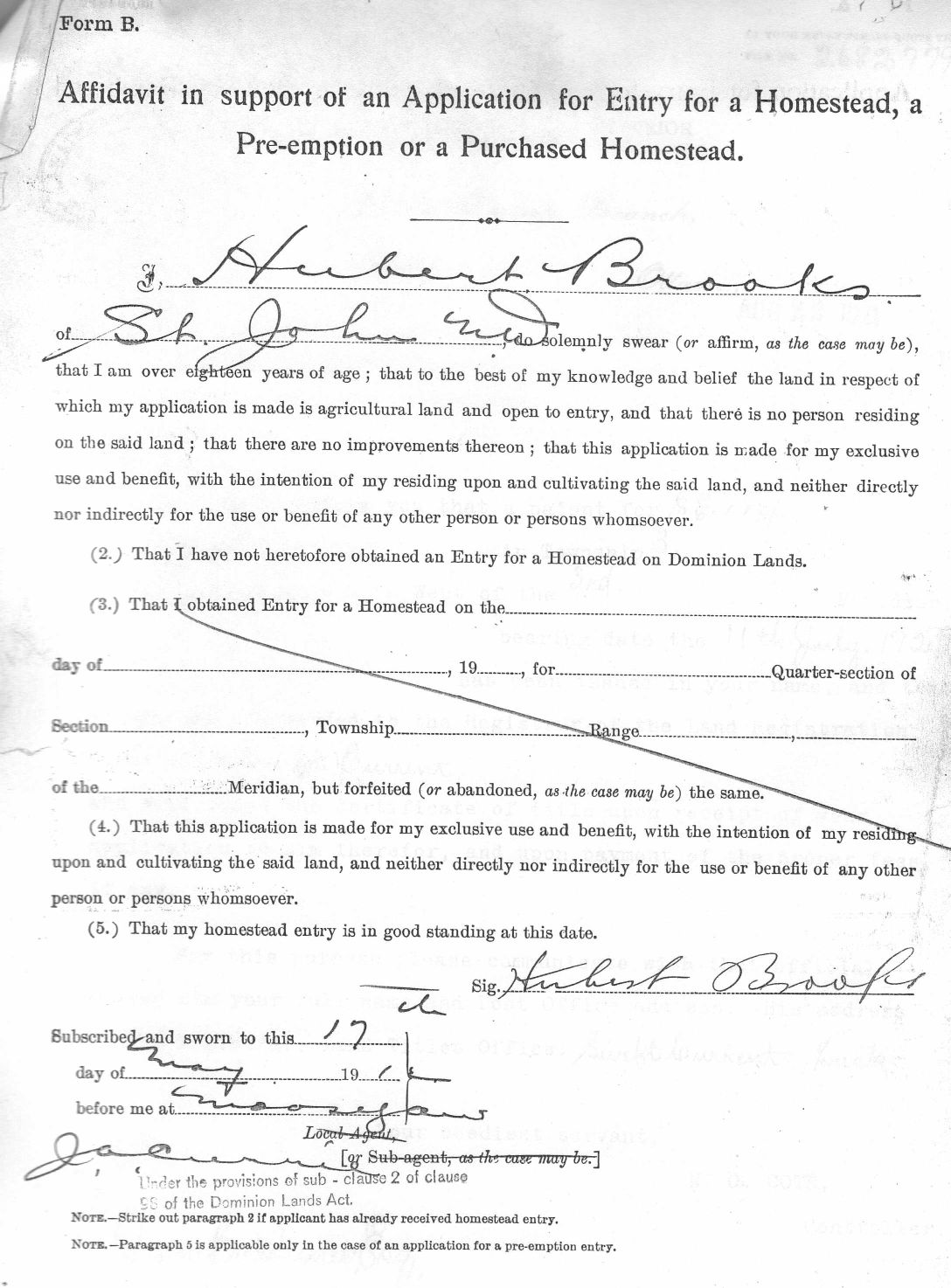 Form B Application for Entry to Canada and for a Homestead in Lafleche Saskatchewan - Hubert Brooks